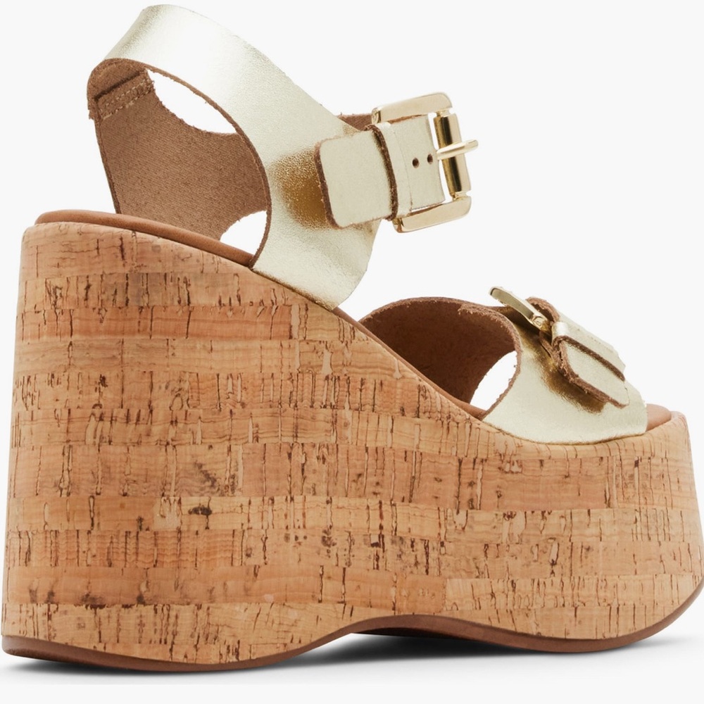 Steve Madden Cork-Textured Platform Wedge Sandals Gold Leather SZ 9 - Picture 6 of 15